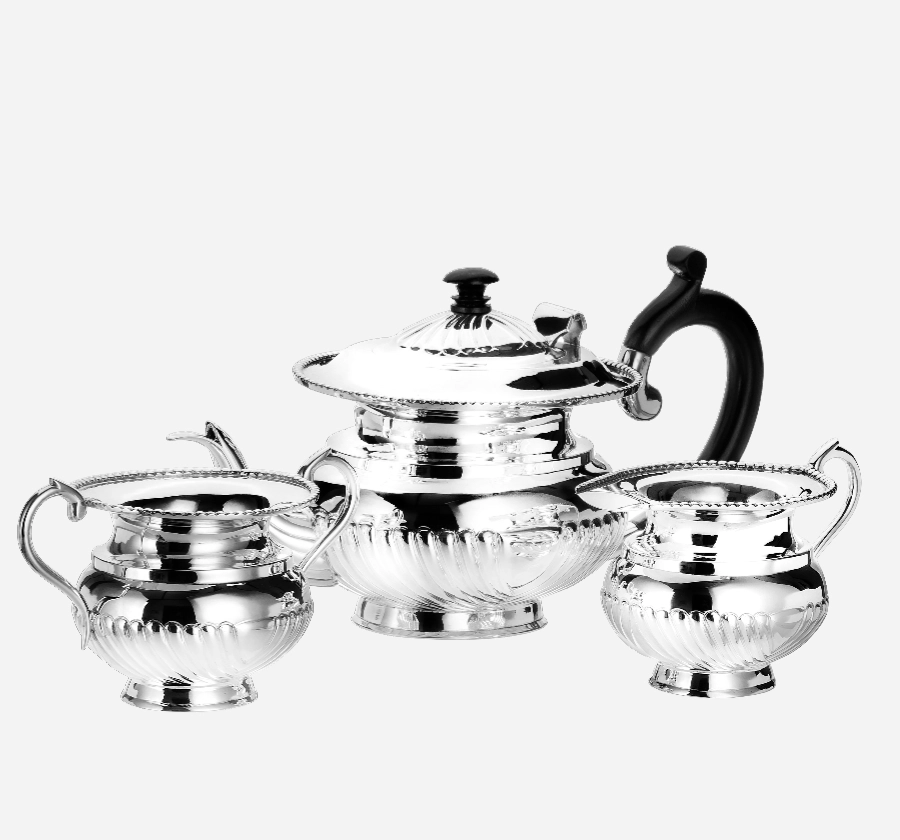 Silverware Silver Q.A. Oval Design Tea Set with Wodden Handle. Milk & Sugar pot with silver handle TC-104 Cooke & Kelvey